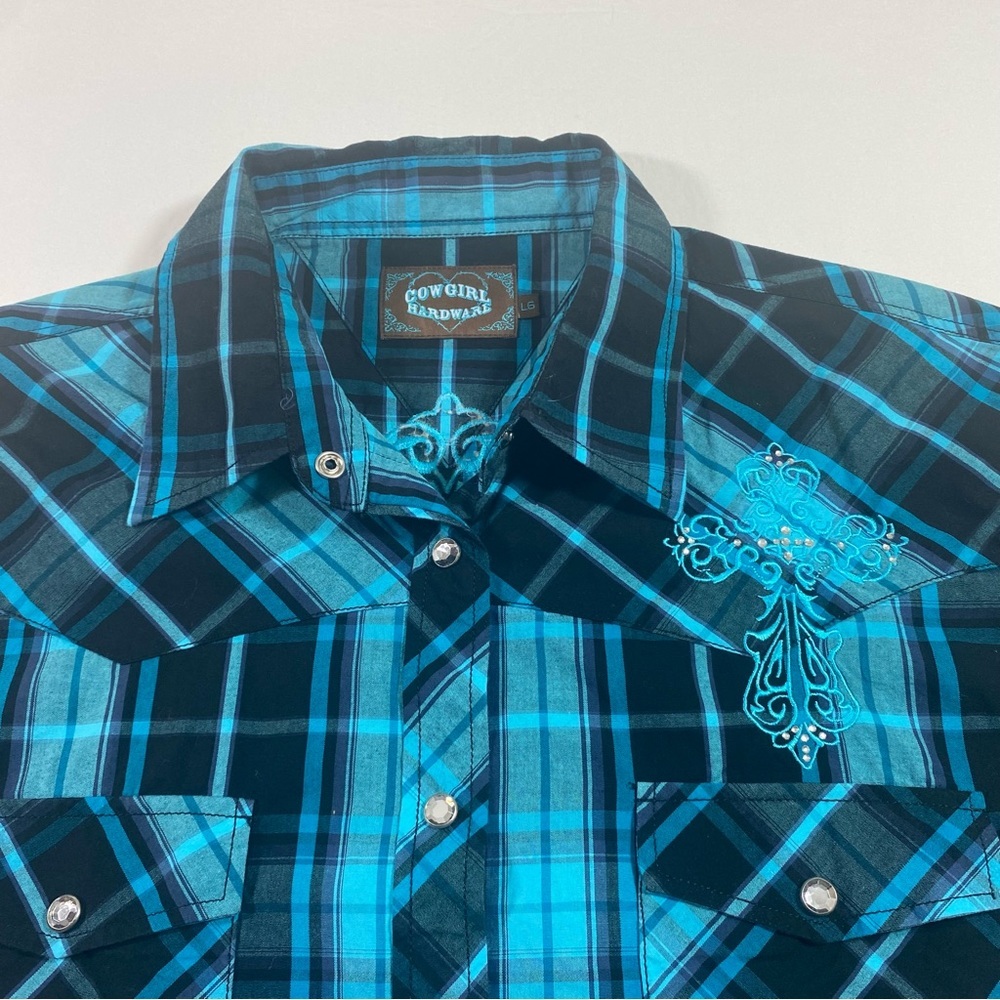Cowgirl Pearl Snap Button Shirt Plaid long sleeve Blue white rodeo Western Shirt - Picture 3 of 9